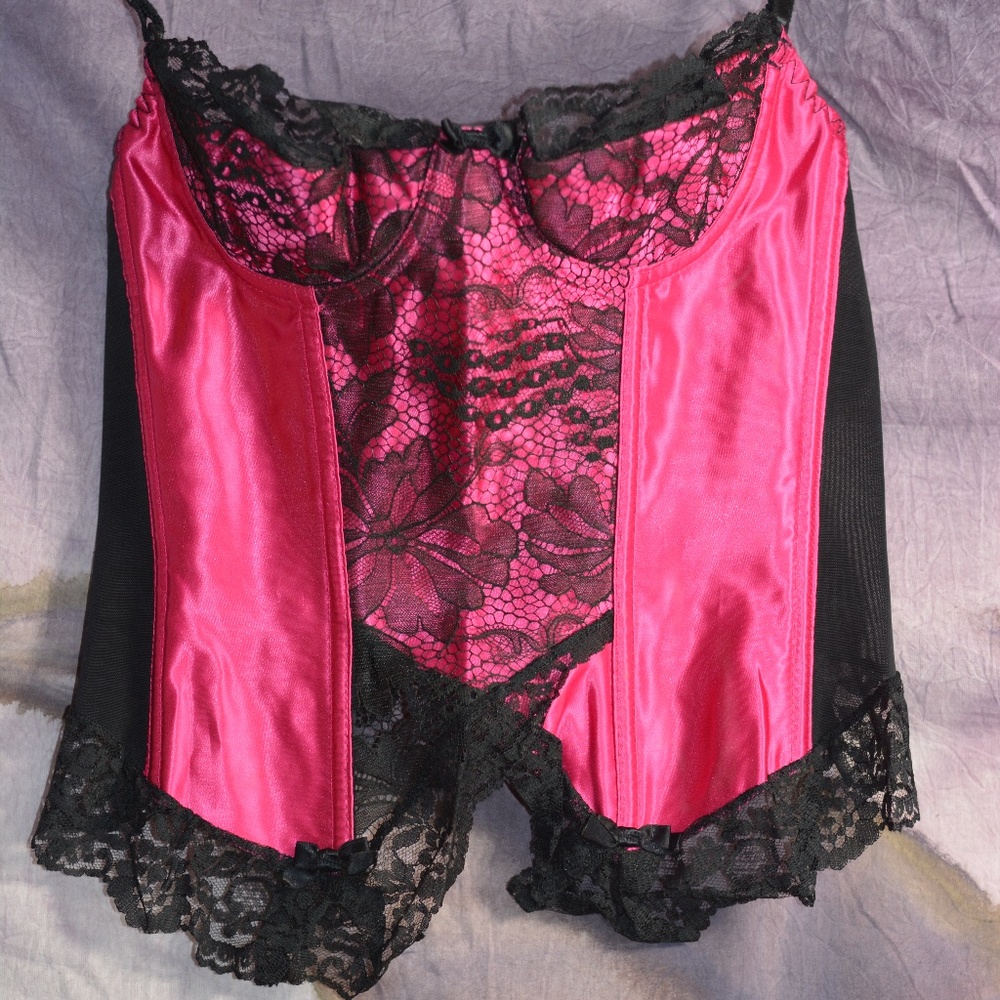 Pink Satiny Corset with Black Lace SZ 36B